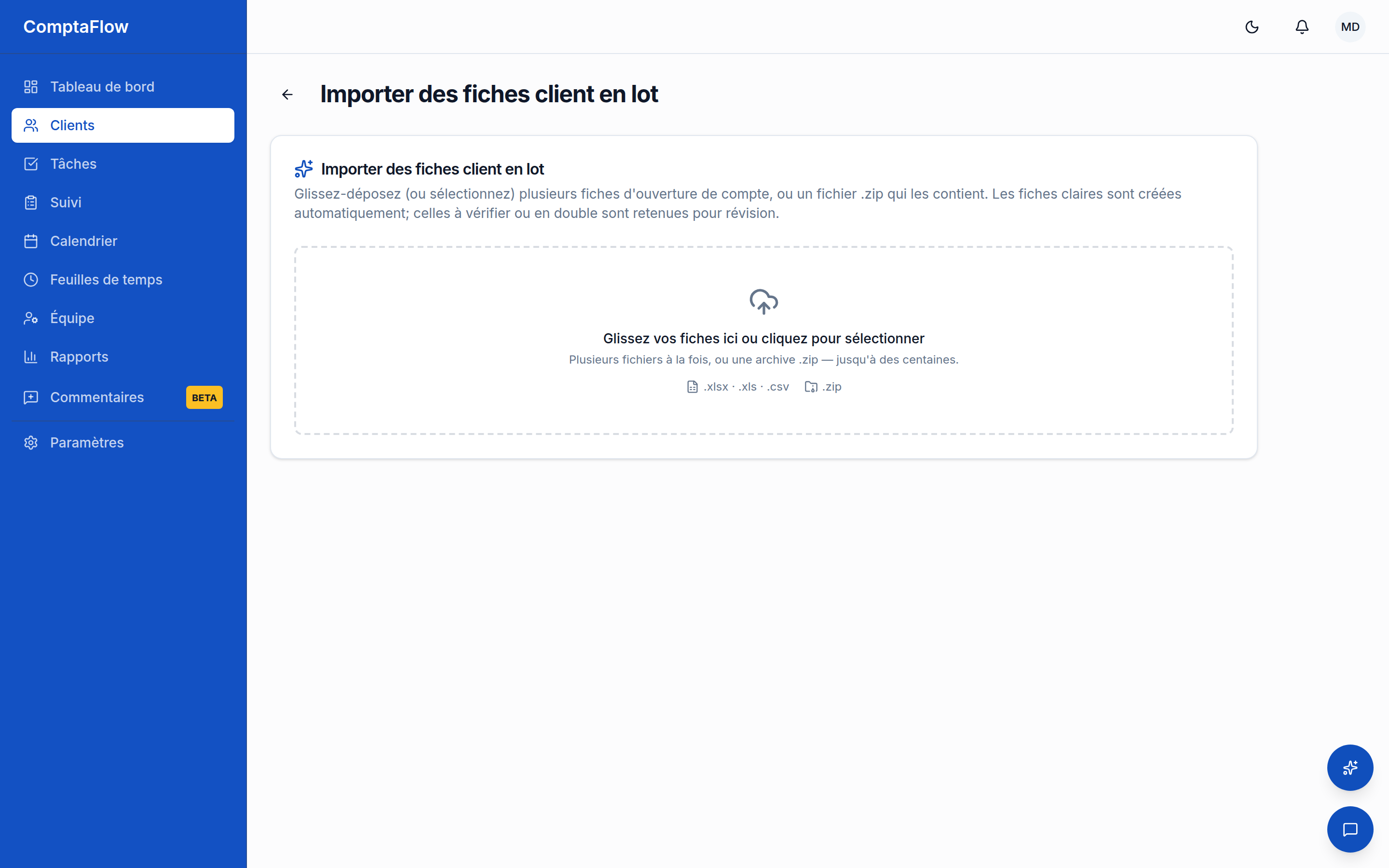 La page d'importation des fiches de coordonnées