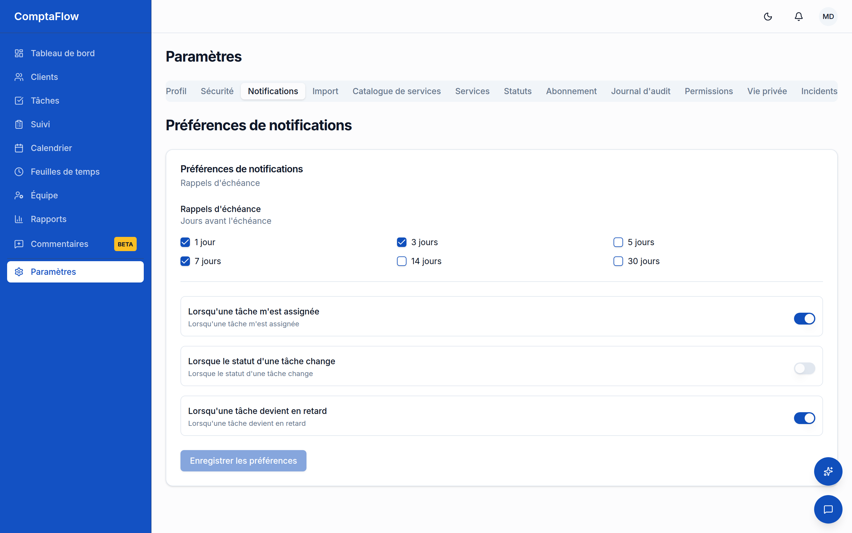 Préférences de notifications : vos délais de rappel et l'activation des alertes de retard