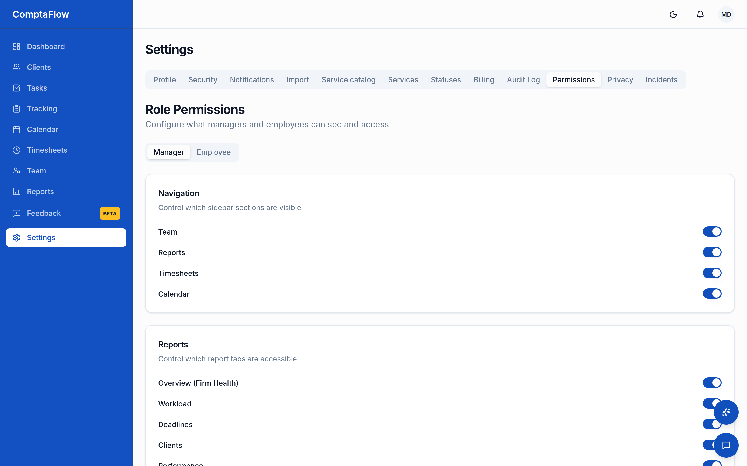 The role permissions editor