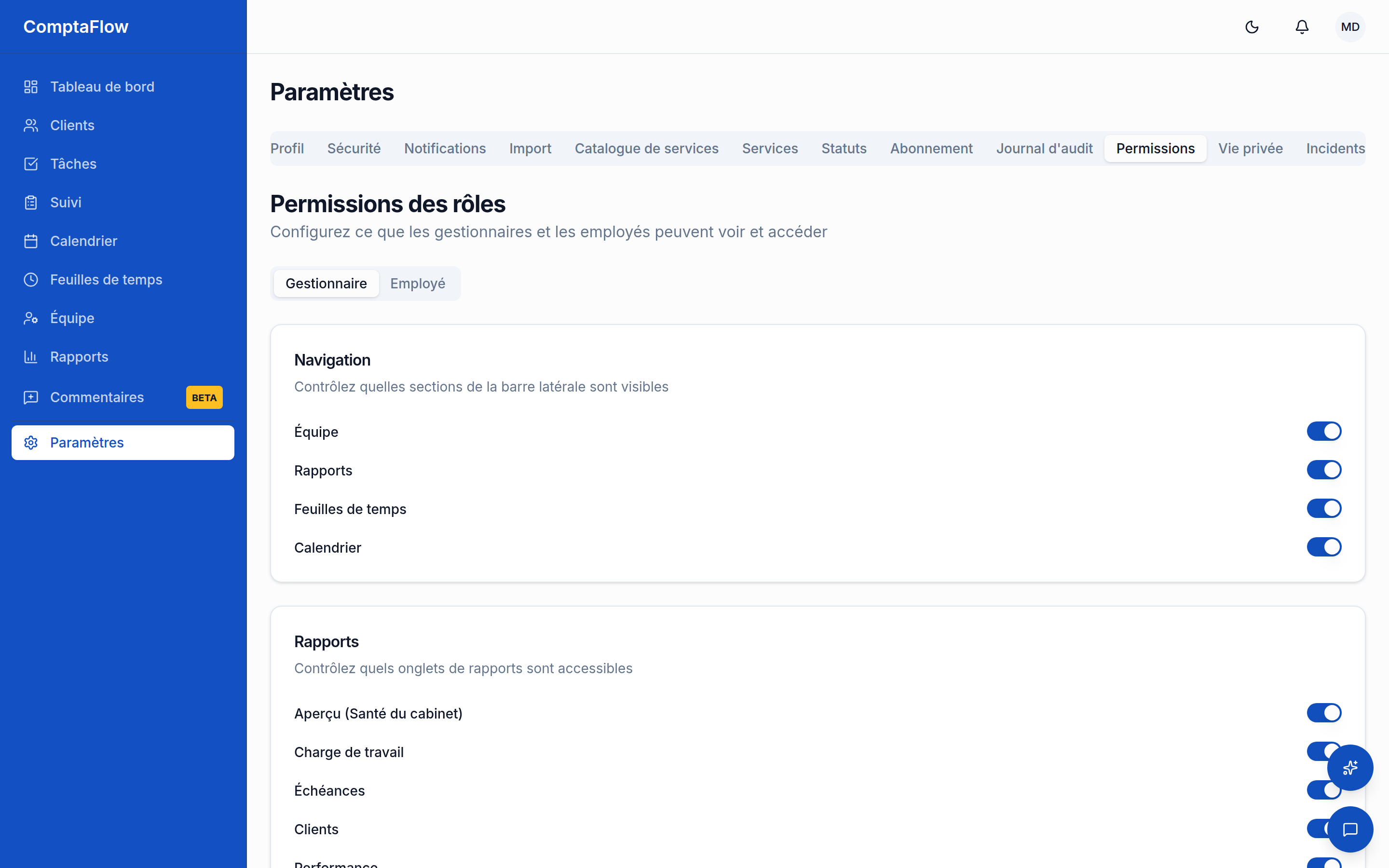 L'éditeur de permissions des rôles