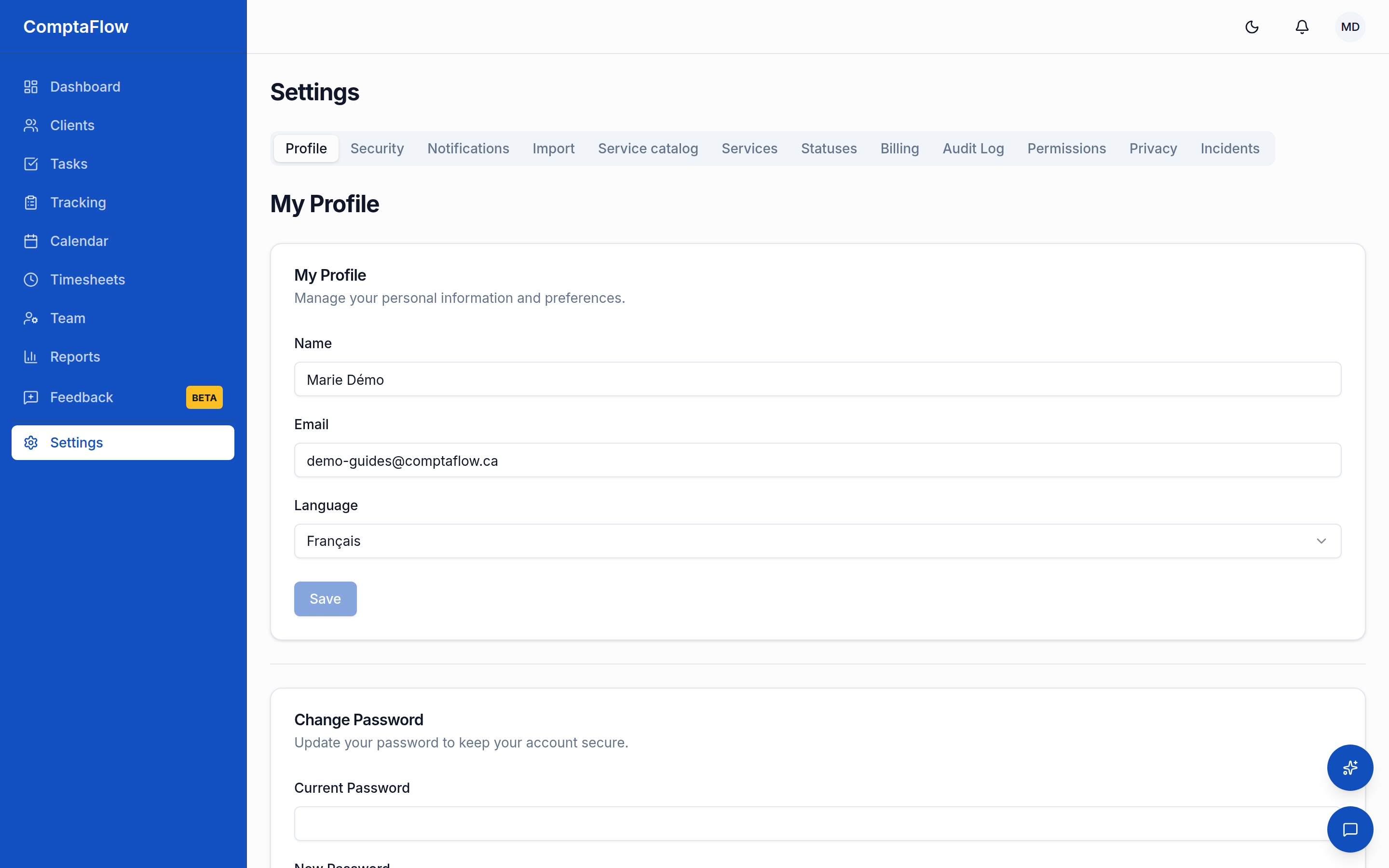 Profile settings: name, email, language, and the privacy sections