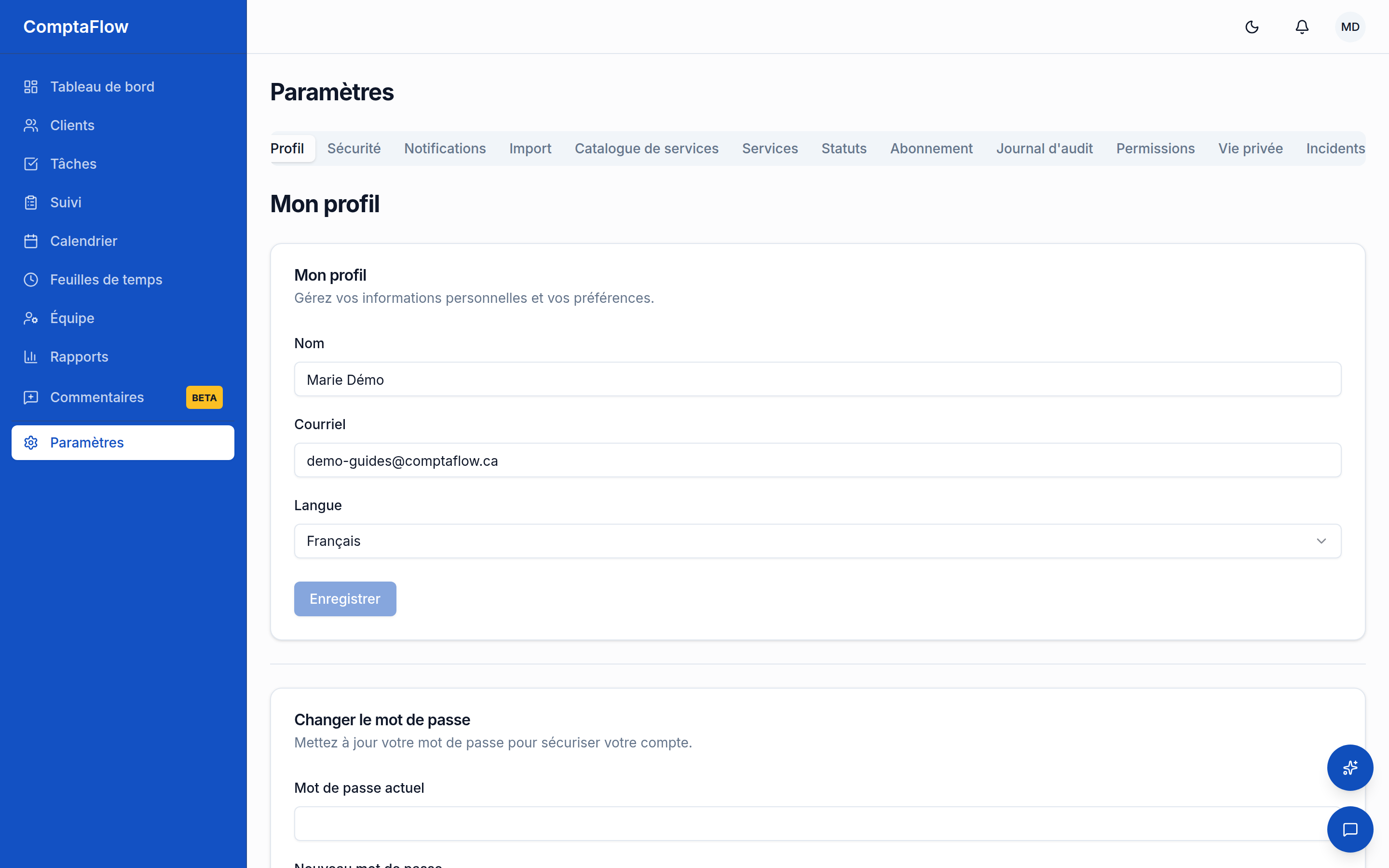 Paramètres du profil : nom, courriel, langue et les sections vie privée