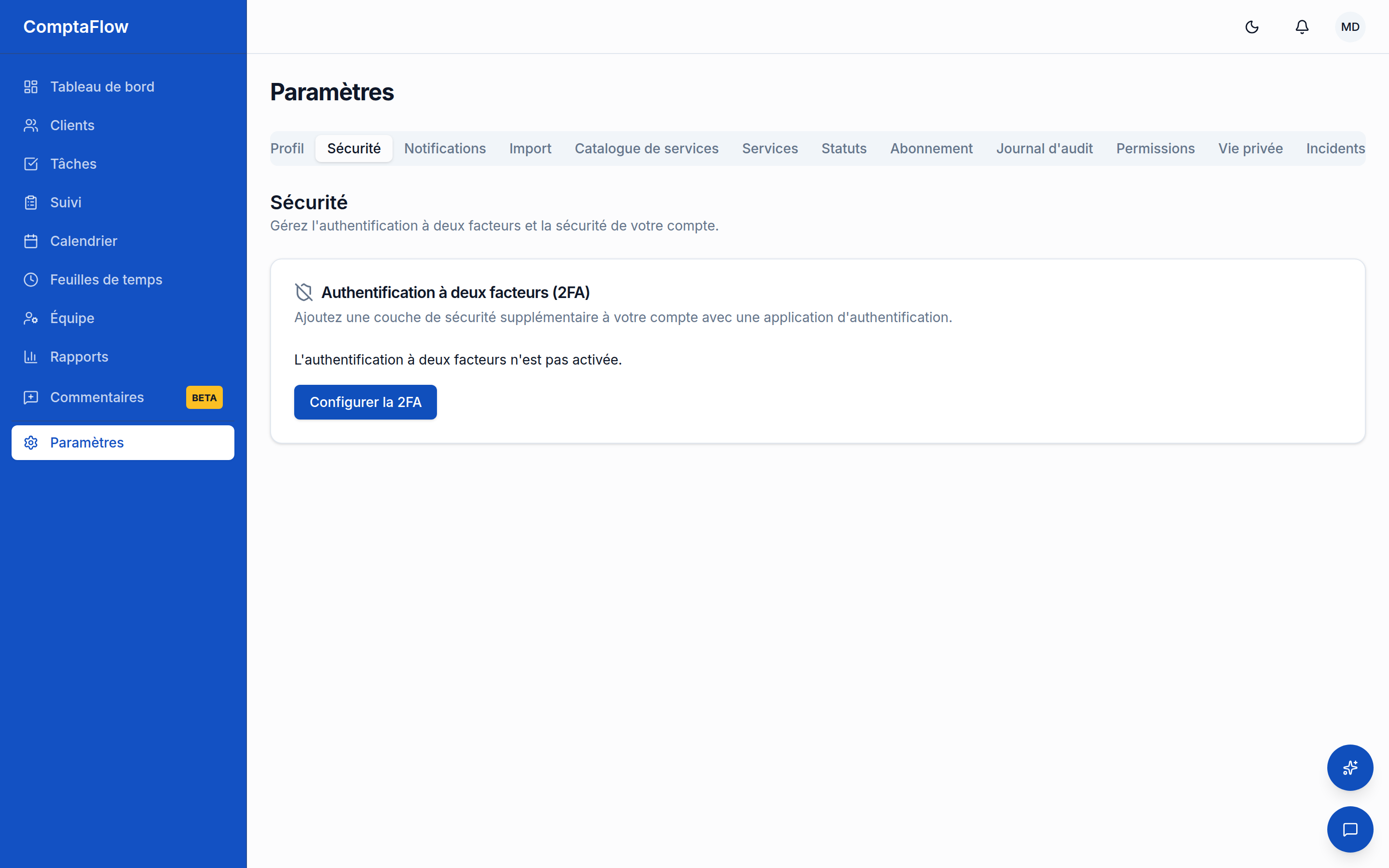 Paramètres de sécurité : enrôlement d'une application d'authentification