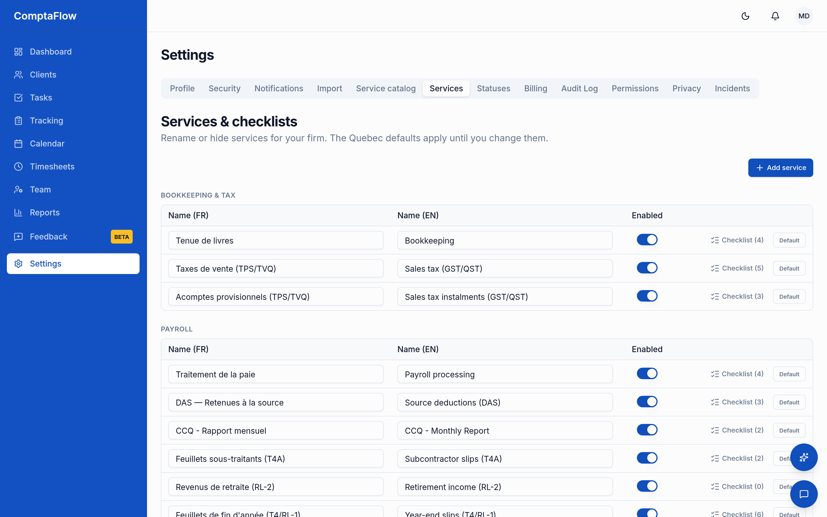 Service settings: the firm's catalog layer and checklist templates