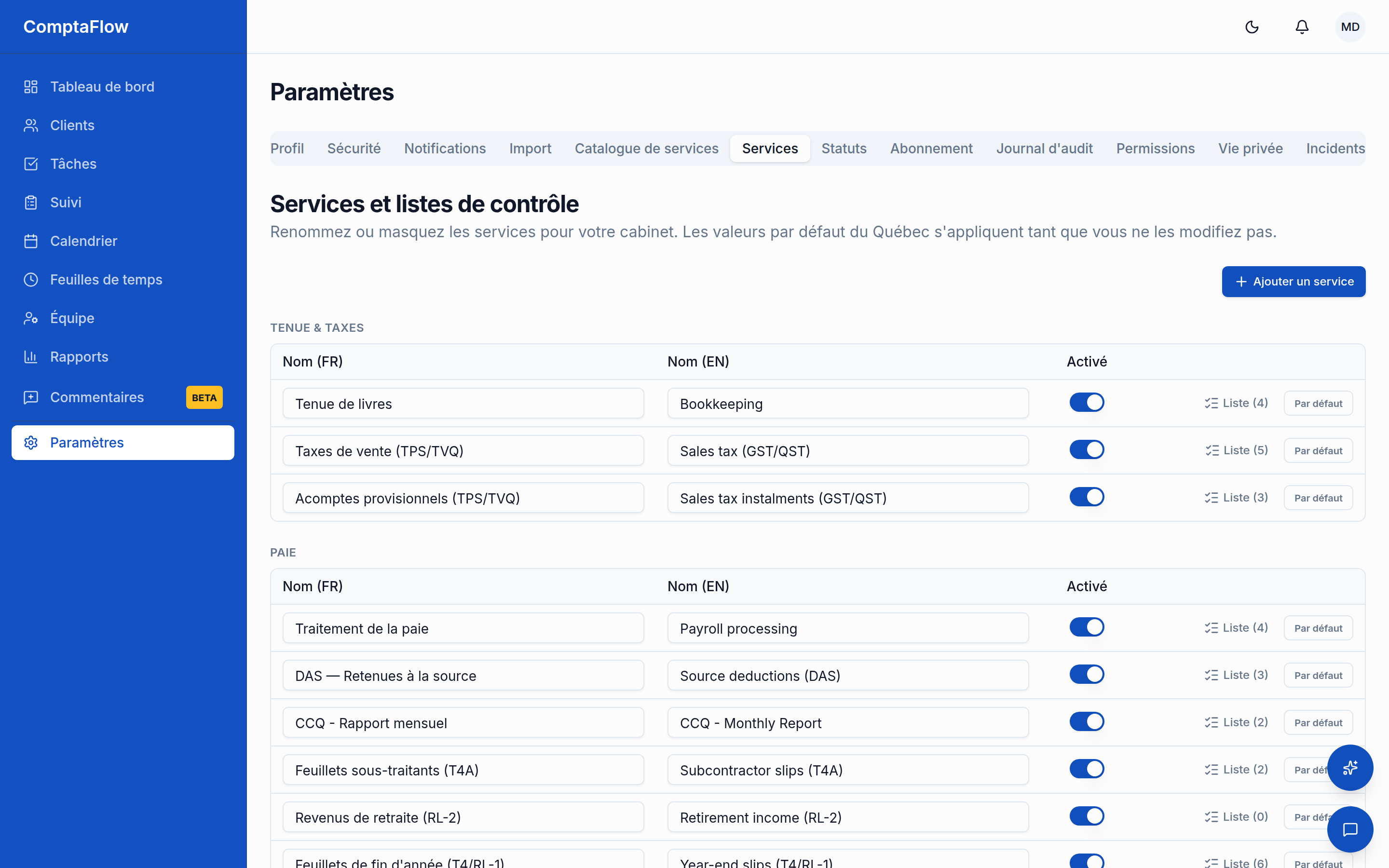 Paramètres des services : la couche de catalogue du cabinet et les modèles de listes de contrôle