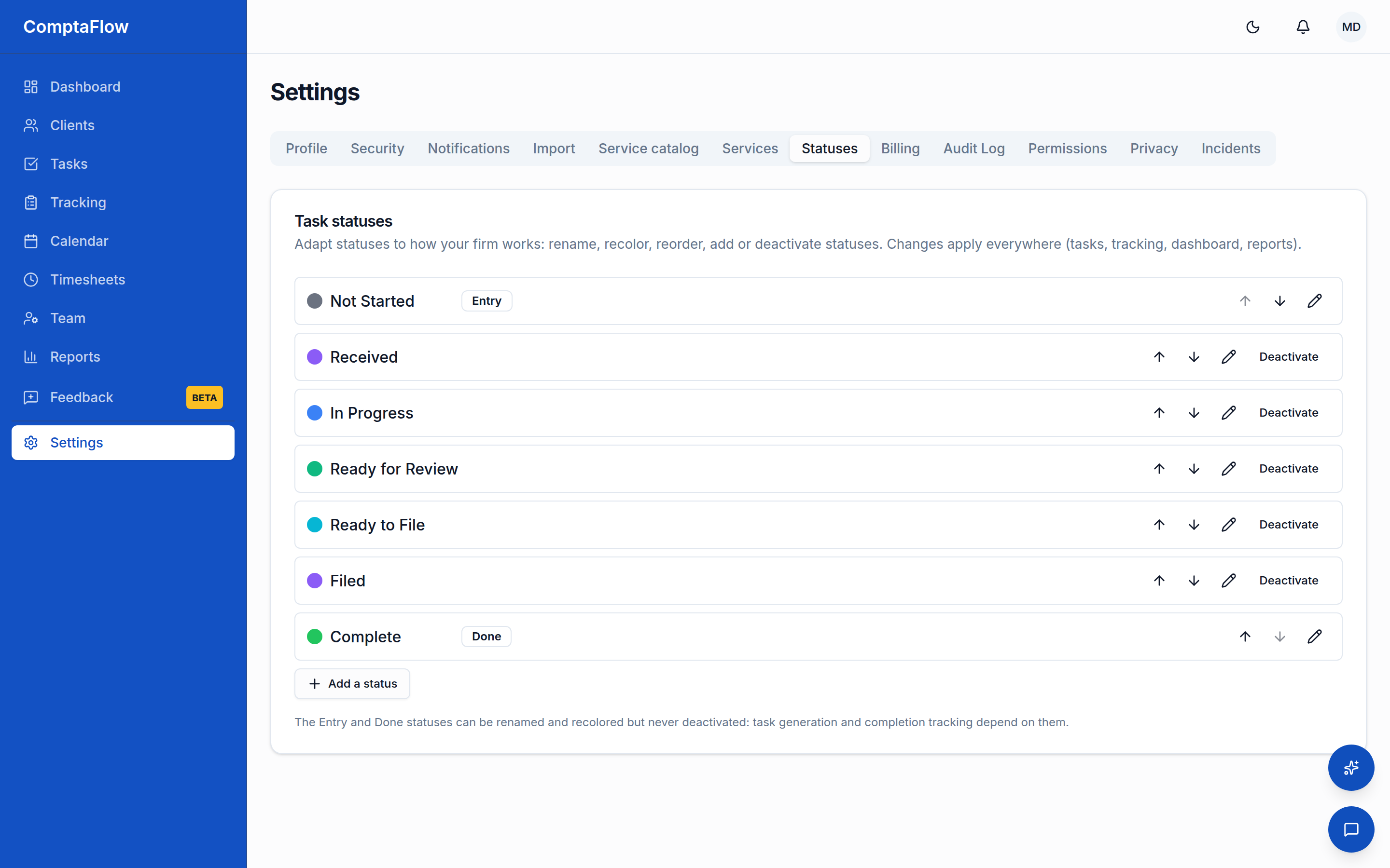 Status settings: rename, recolor, reorder, deactivate