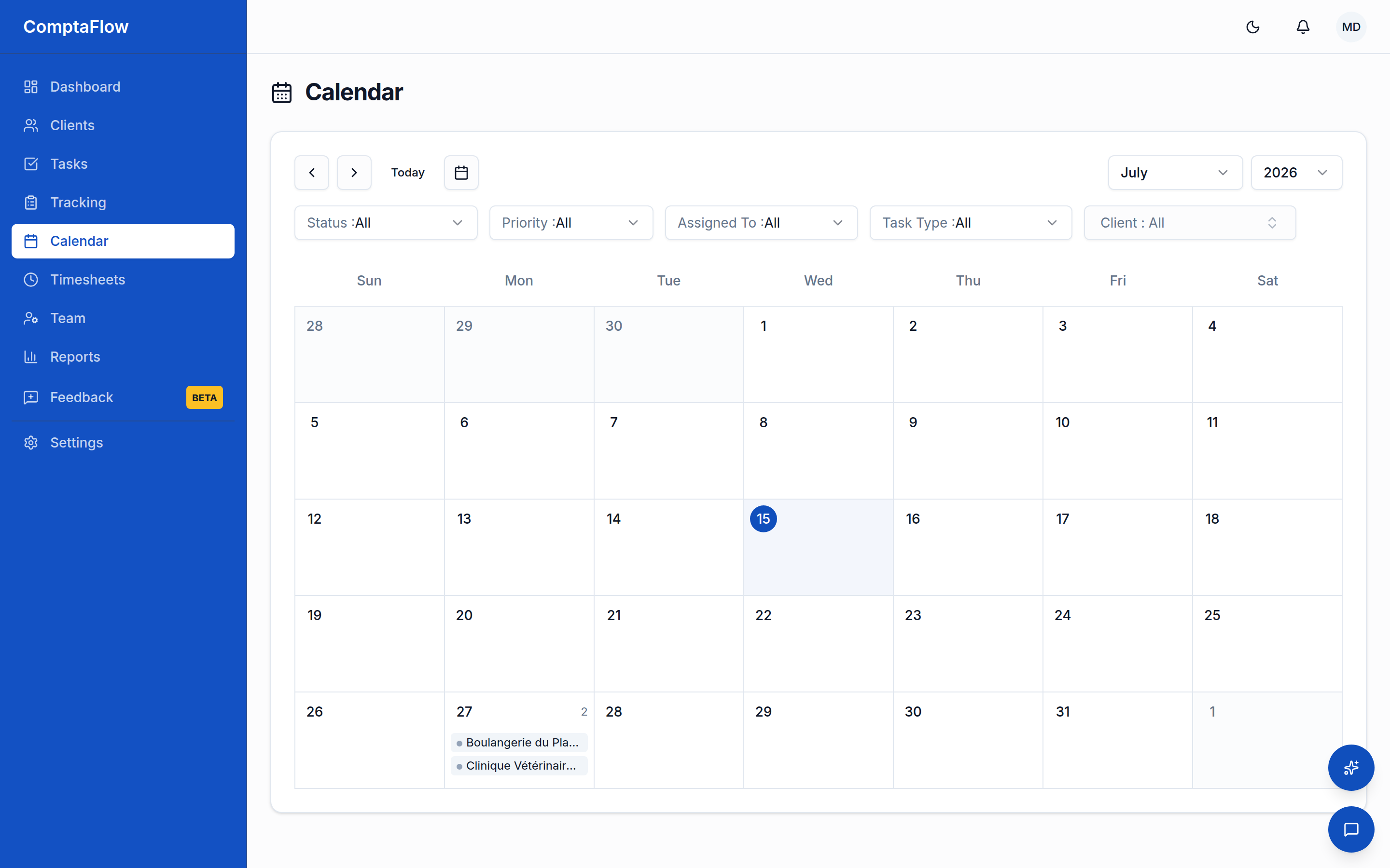 The calendar: task deadlines placed on their due dates