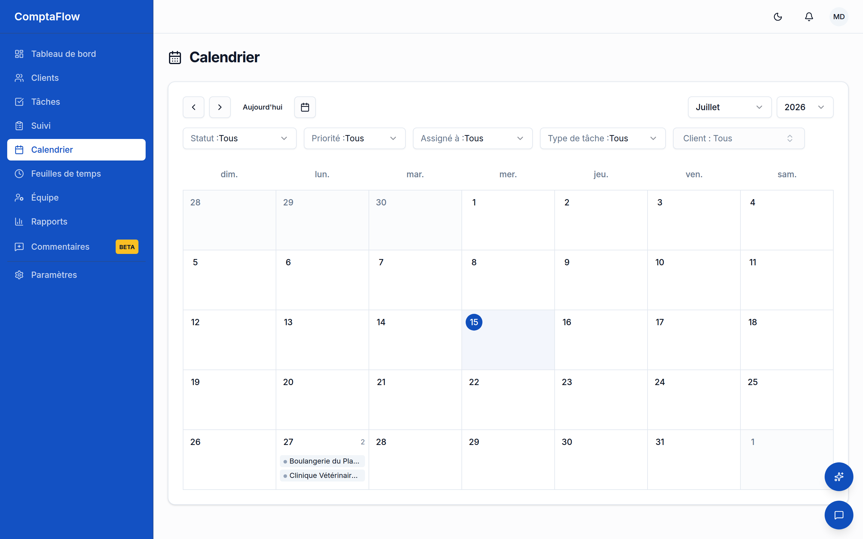 Le calendrier : les échéances de tâches placées à leur date d'échéance