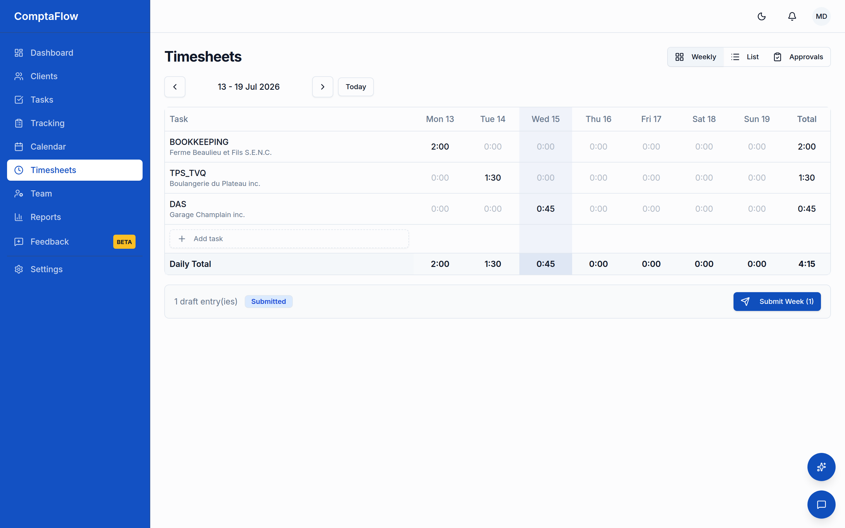 The Timesheets page with the approval view